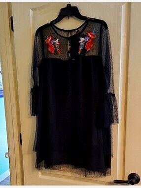 True Destiny Black Floral Embroidered Mesh Overlay Dress